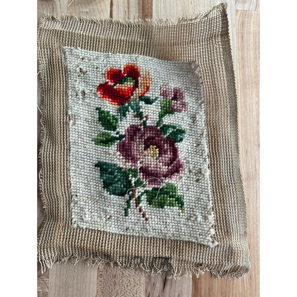 Vintage Completed Needlepoint Purple & Red Flowers Small 5" x 6.5" Flawed